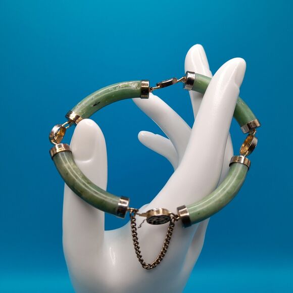 Vintage Asian Green Jade Gold Tone 7" Link Bracelet Safety Chain Push Lock Clasp - Picture 4 of 10